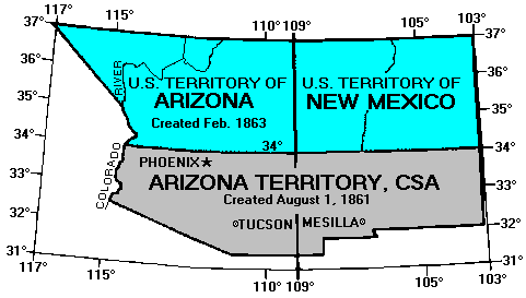 Map of the Confederate and Union Territories of Arizona and New Mexico